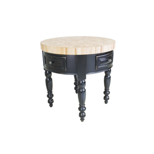 Distressed black round kitchen island with butcher block top